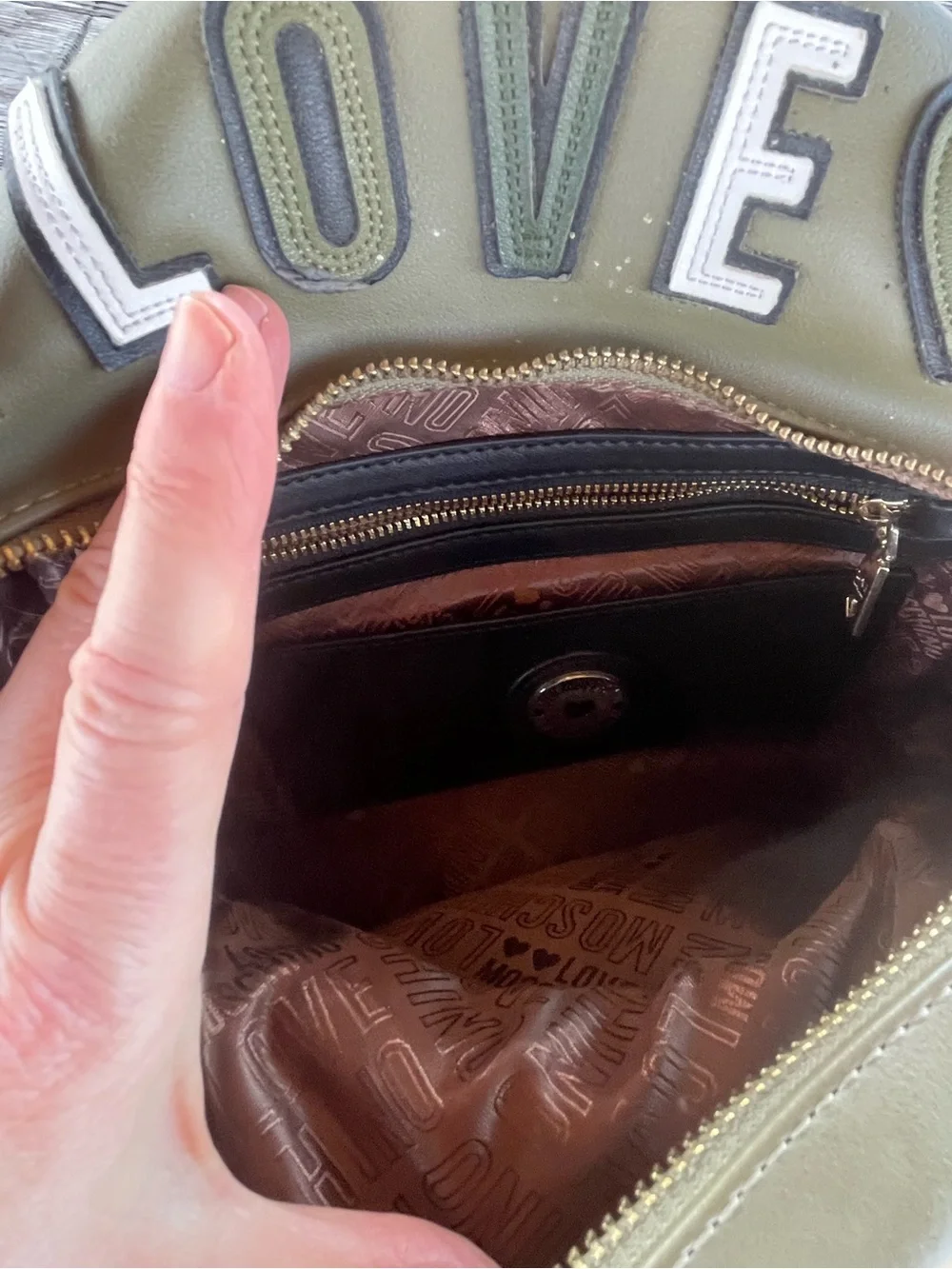 Love Moschino  Olive Green sm Backpack with Green Pom-Pom Charm